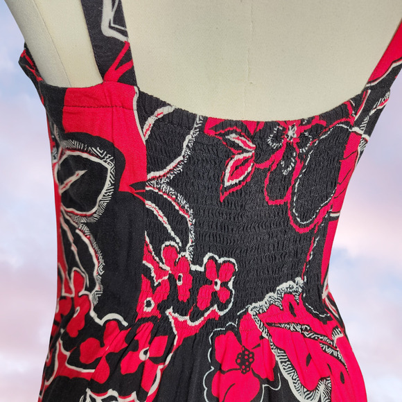 Vtg Y2k Serendipity Maui Red Black Floral Hibiscus Tropical Sun Dress Sz M - Picture 5 of 8